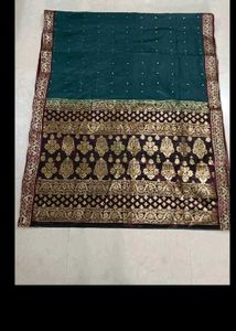 Elegant Teal Saree with Golden Border
