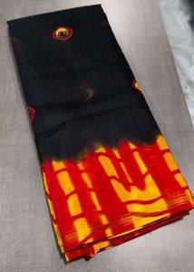 Stylish Black Saree with Red & Yellow Border