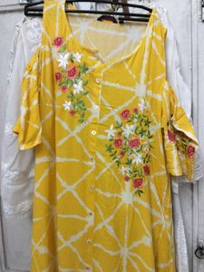 eembroidered cold shoulder yellow kurta