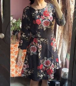 Black Floral Print Dress with Gold Belt