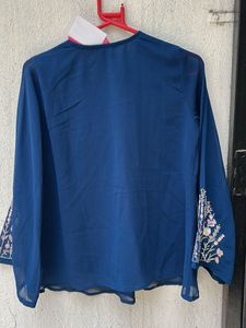 Elegant Blue Embroidered Sleeve Top