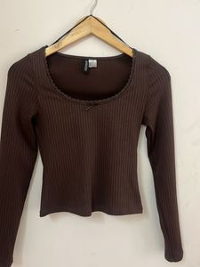 Ribbed Long Sleeve Top with Bow Detail