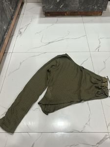 Olive Green Ribbed Lace-Up Top