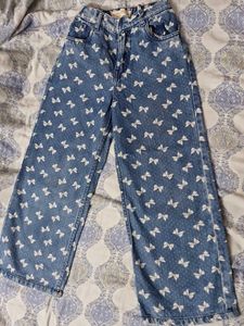 Girls Bow Print Wide Leg Jeans