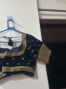Navy Blue Embroidered Velvet Blouse