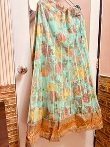 Pastel green lehenga with golden sequin blouse