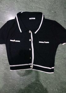 Black Cropped Collared Top