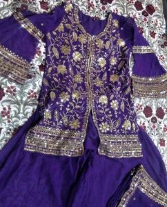 Embroidered Purple umbrella plazo kurta with dupat