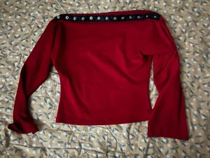 Red Boat Neck Long Sleeve Top