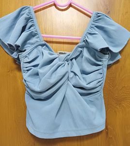 Littlebox Dusty Blue cropped vest ruffle top