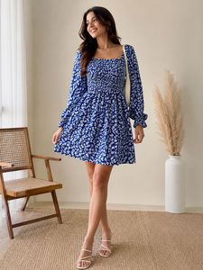 Blue Floral Smocked Midi Dress
