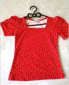 Red Heart Print Puff Sleeve Top