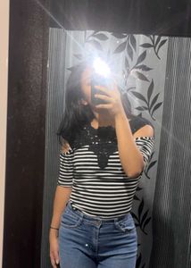 Striped Cold Shoulder Top with Lace Detail