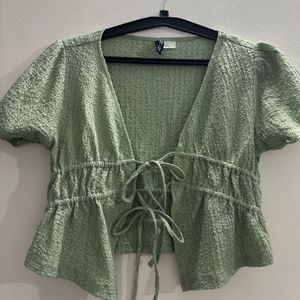 Sage Green Tie-Front Textured Top