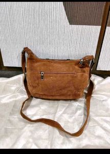 Brown Suede &amp; Gold Textured Shoulder Bag