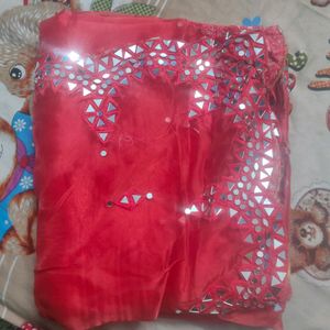 Beautiful Red Organza Real Mirror Work Saree With