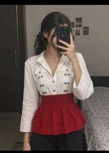 Chic White Top &amp; Red Skirt Dress