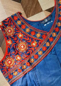 bust 42 Elegant Blue Embroidered Cotton Kurta