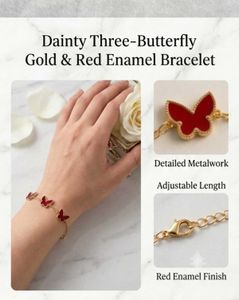 Dainty Gold &amp; Red Enamel Butterfly Bracelet