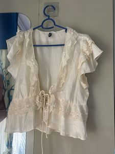 Cream Lace Trimmed Flutter Sleeve Top