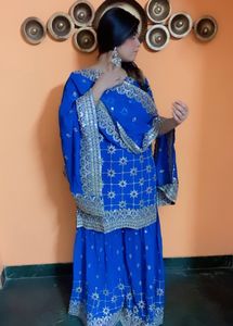 HEAVY PATI WORK  BLUE COLORED PADDED SHARARA SUIT