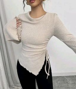 Ribbed Bell Sleeve Asymmetrical Top