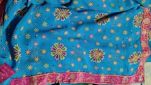 Stunning Blue Floral Saree with Pink Border