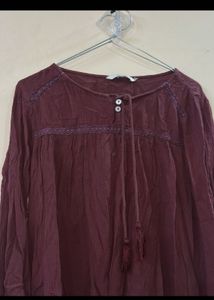 Maroon Bell Sleeve Tie-Up Top