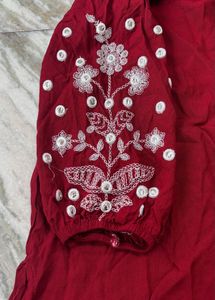 Red cord Set with White Embroidery