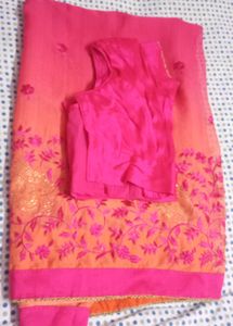 Elegant Peach &amp; Pink Embroidered Saree