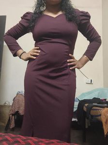 Elegant Burgundy Puff Sleeve Dress