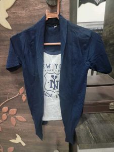 Navy Blue Open Front Cardigan with T-Shirt