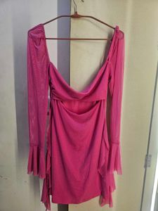 Hot Pink Mesh Flare Sleeve Dress