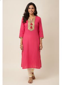 ❤️Vibrant Pink Kurta with Gold Neckline❤️