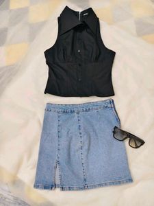 Black Collared Sleeveless Top &amp; Denim Skirt Set
