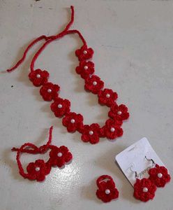 Red Flower Crochet Jewelry Set