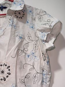 White Embroidery Floral Print Shirt
