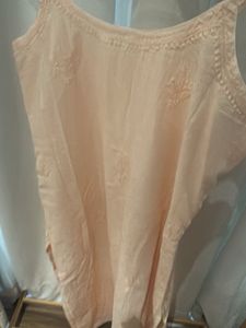 Peach Chikankari Pure Cotton Spaghetti Sleeve Kurt