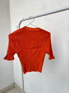 Orange Ribbed Knit Top