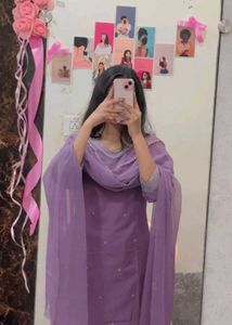 Elegant Lavender Kurta Set with Embellished Neckli