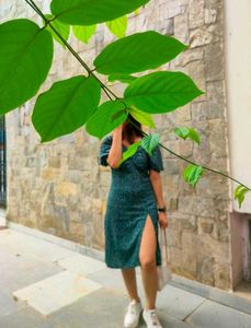 ✨ Dark Green Polka Dot Midi Dress