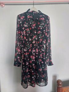 Floral Printed Full Sleeve Buttoned A Line Dress.