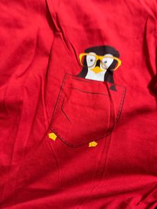 Red T-Shirt with Penguin Pocket Print