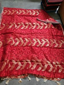 Vibrant Red Saree with Gold Leaf Design