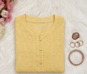 Yellow Embroidered Chikankari Work  Straight Kurta