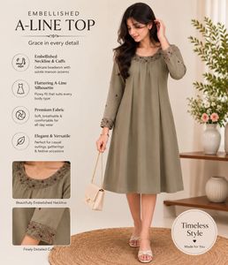 Premium Olive Green Embellished A-Line Midi Dress