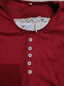 Maroon Lace Trim Henley Top