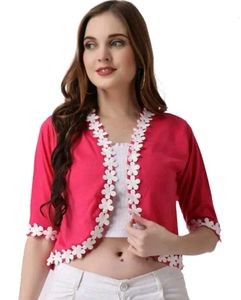Stylish Pink Shrug with Floral Trim
