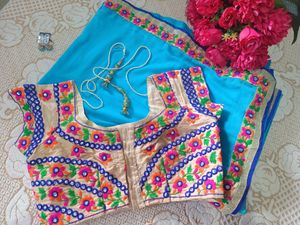 Blue Saree With Colorful Embroidery Blouse