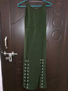 Olive Green Eyelet Detail Midi Dress